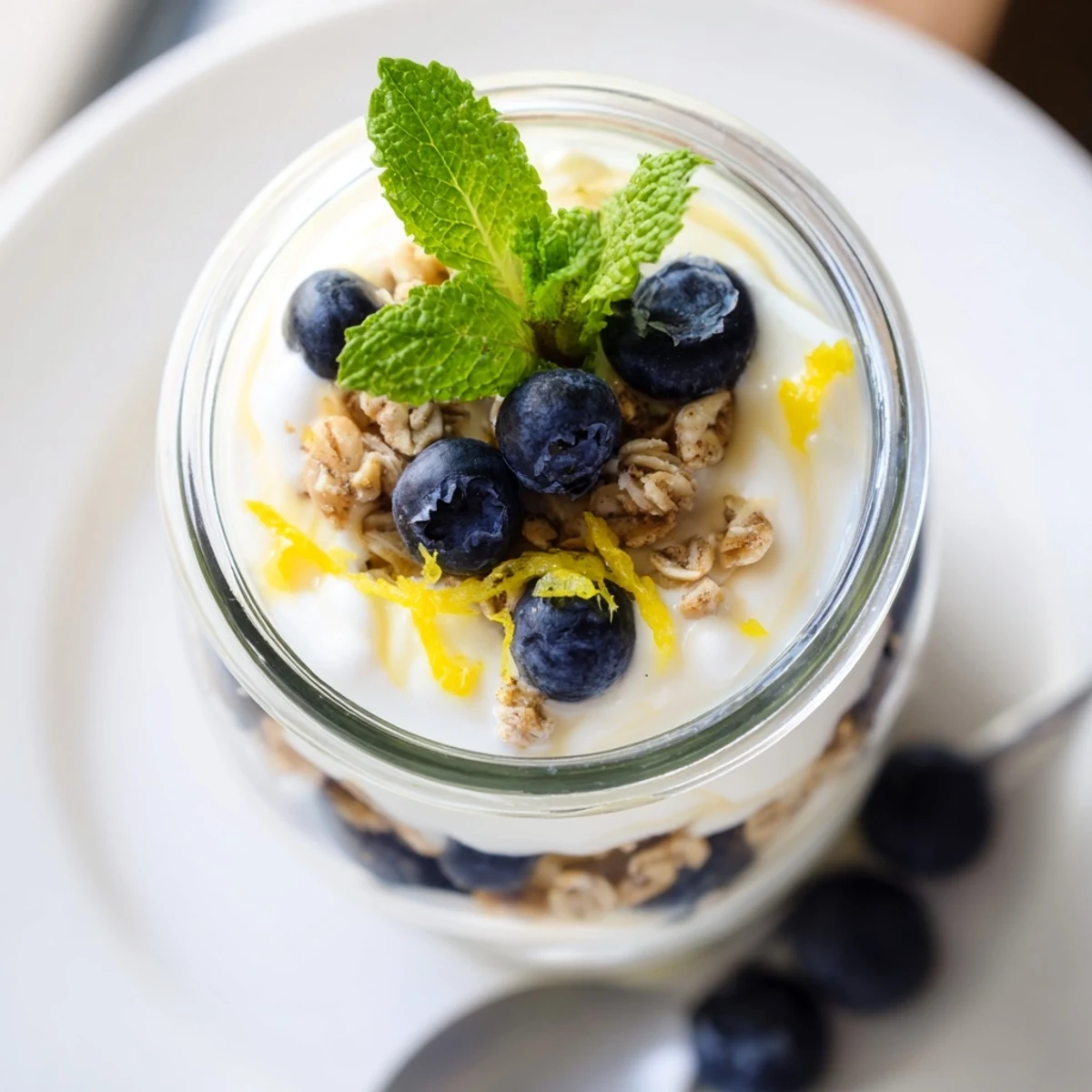 Enjoying this refreshing Lemon Blueberry Yogurt Parfait with Granola as a breakfast or light dessert, topped with a sprinkle of extra granola.