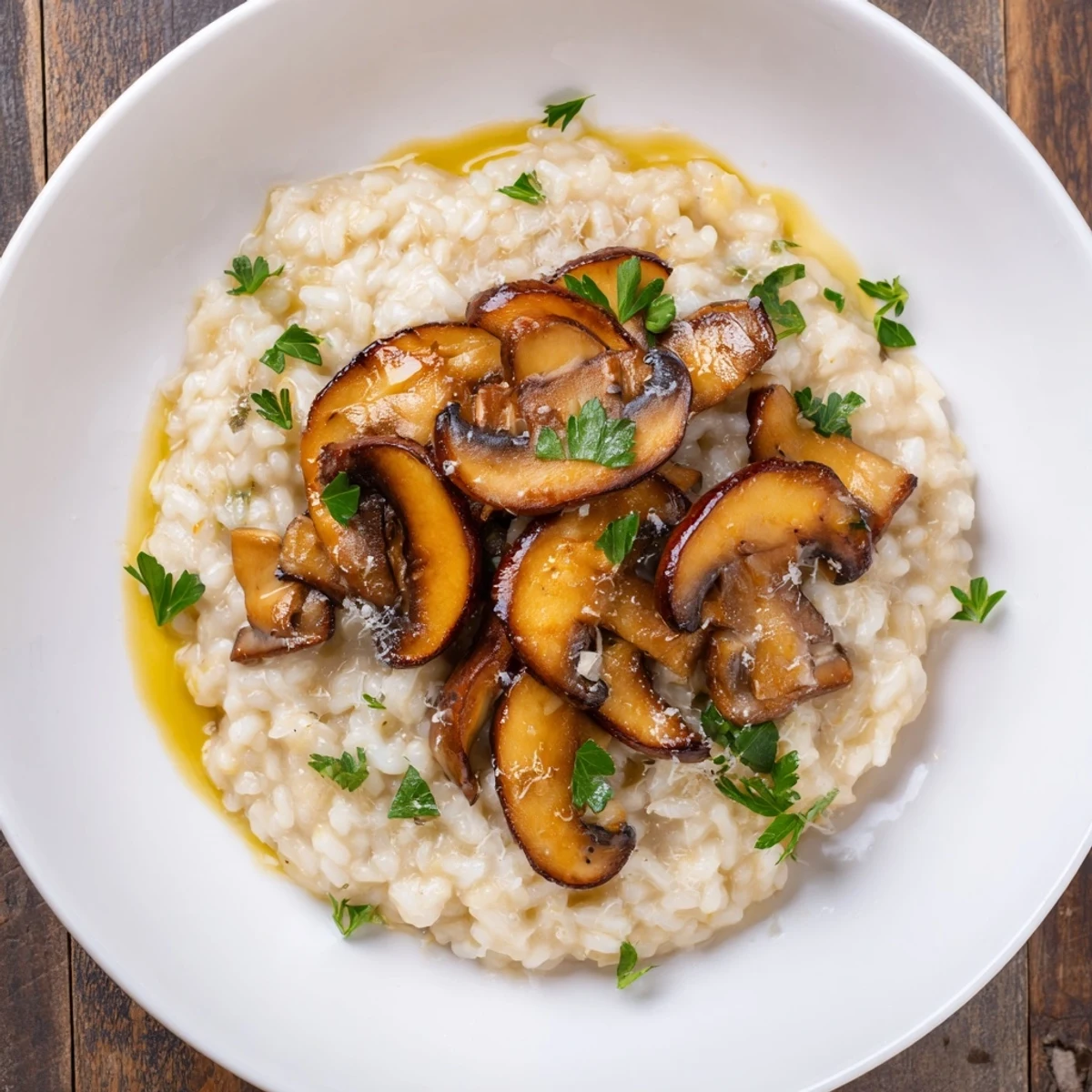 Creamy mushroom risotto plated with a glass of white wine nearby.