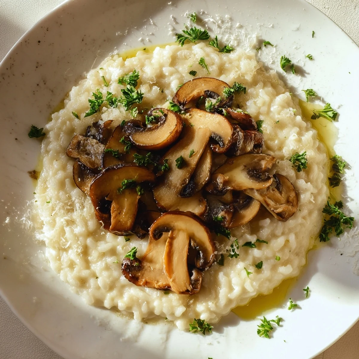 Golden mushroom risotto topped with fresh parsley in a rustic white bowl.