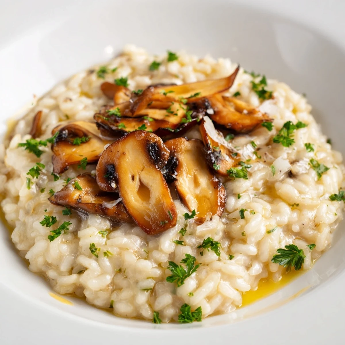 Steaming mushroom risotto with a drizzle of truffle oil and Parmesan.