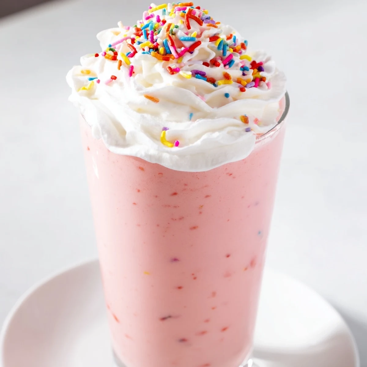 Pink Strawberry Milkshake with Sprinkles in a tall glass topped with whipped cream and rainbow sprinkles, ready to sip.
