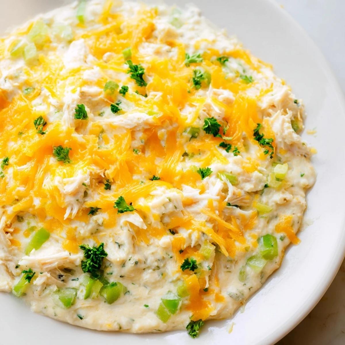 Golden, bubbly Cajun Crab Dip with Crackers is garnished with fresh parsley in a rustic dish.