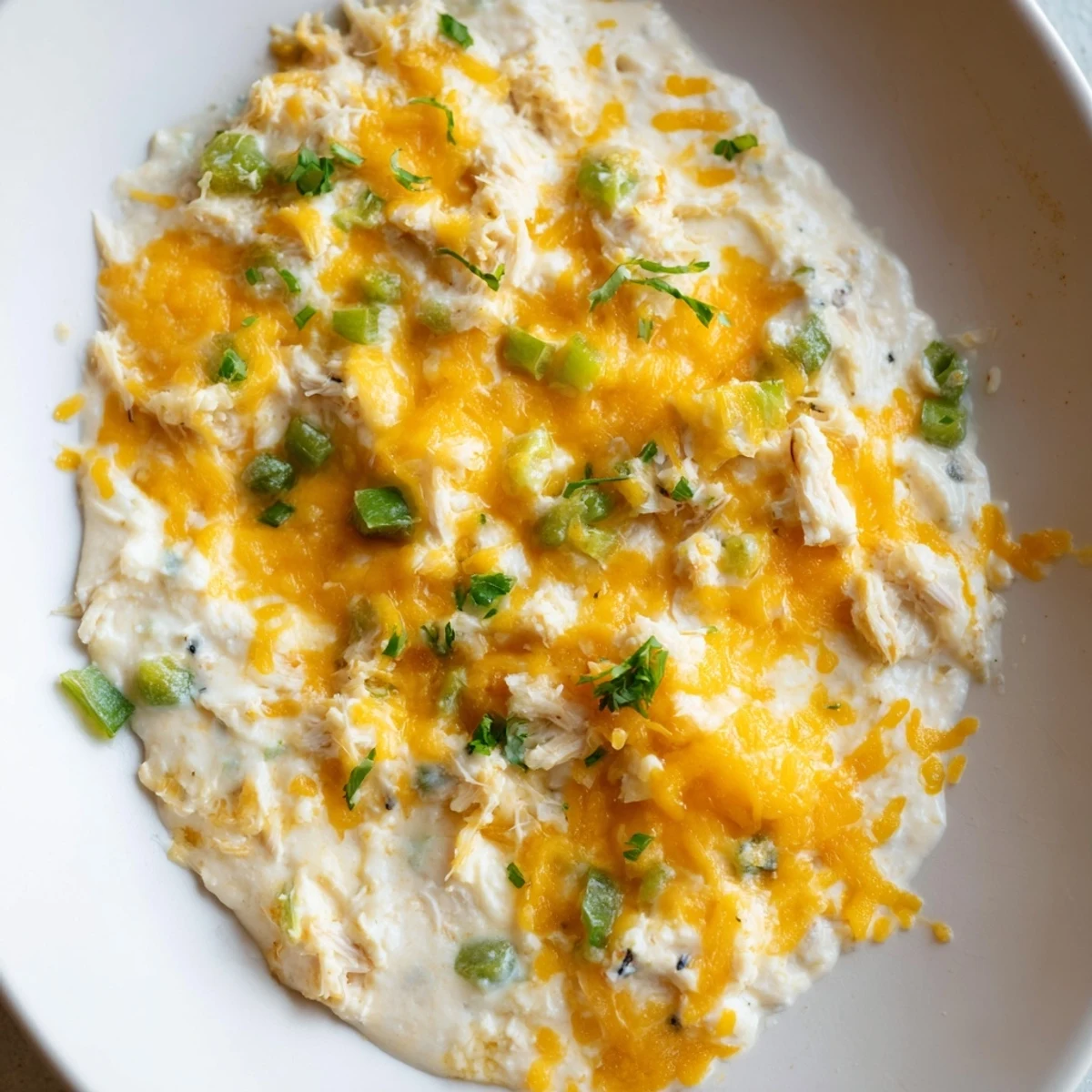 Warm, creamy Cajun Crab Dip with Crackers is served beside sharp cheddar and diced bell pepper.