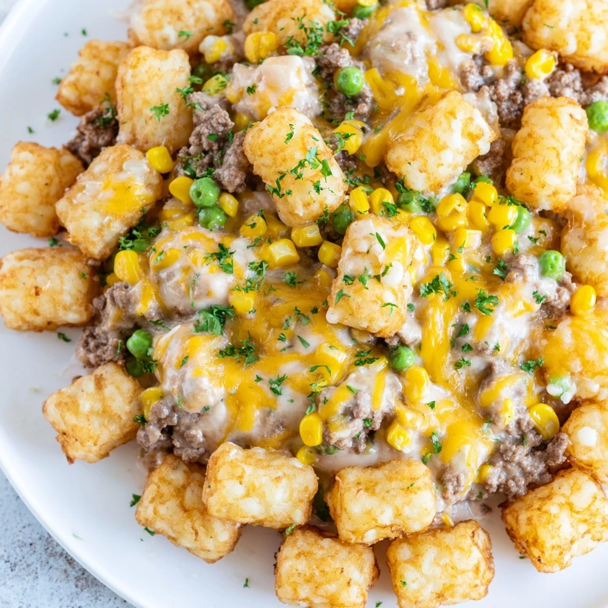 Golden, crispy tater tots crown a savory beef and cheese casserole, ready for a game day feast.