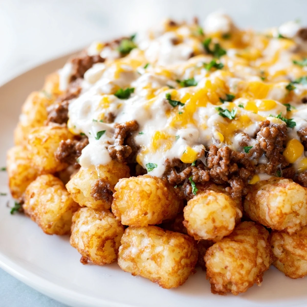 The Super Bowl Tater Tot Casserole with Beef features bubbly cheese and golden brown potato toppings.