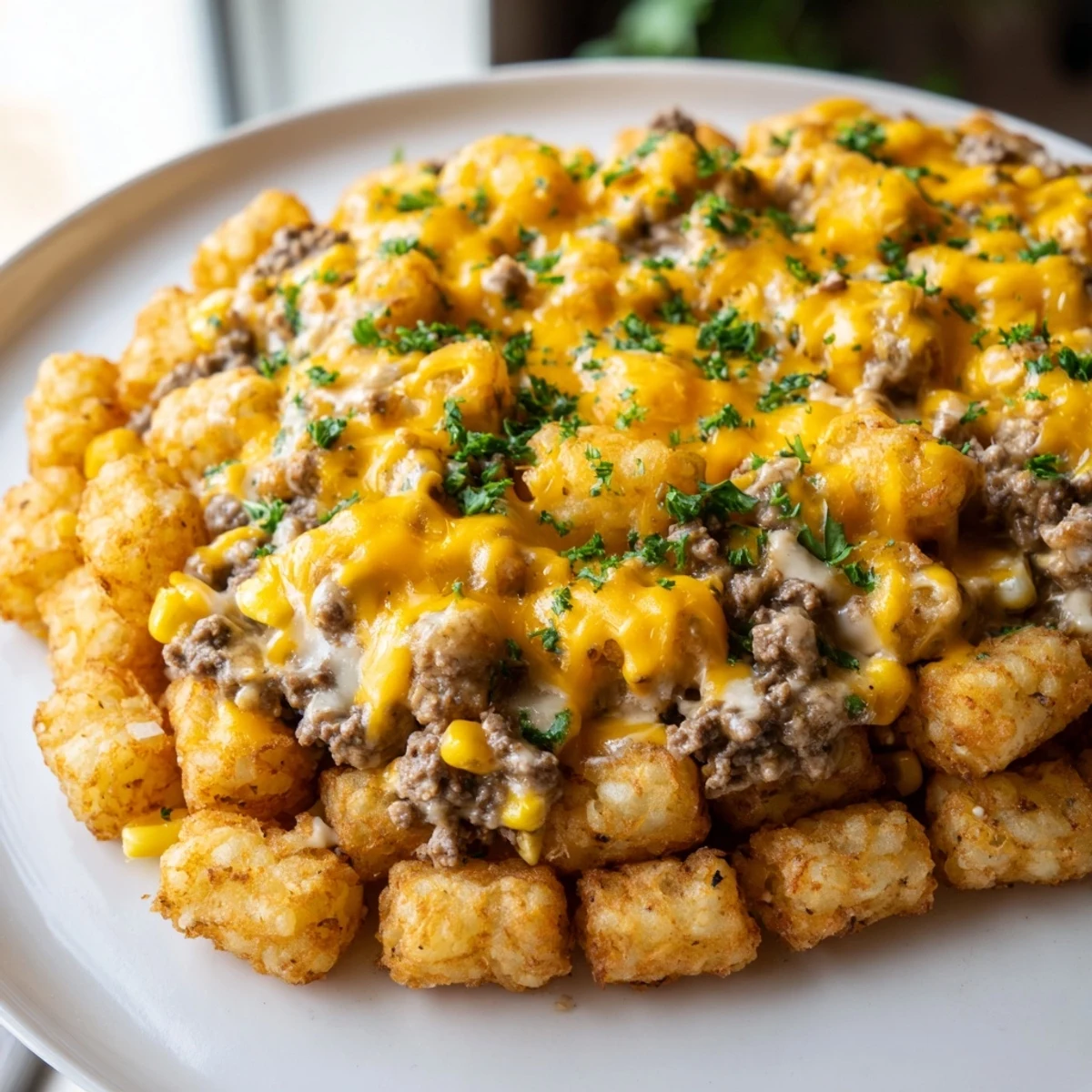 Fresh parsley garnishes a hearty slice of Super Bowl Tater Tot Casserole with Beef.