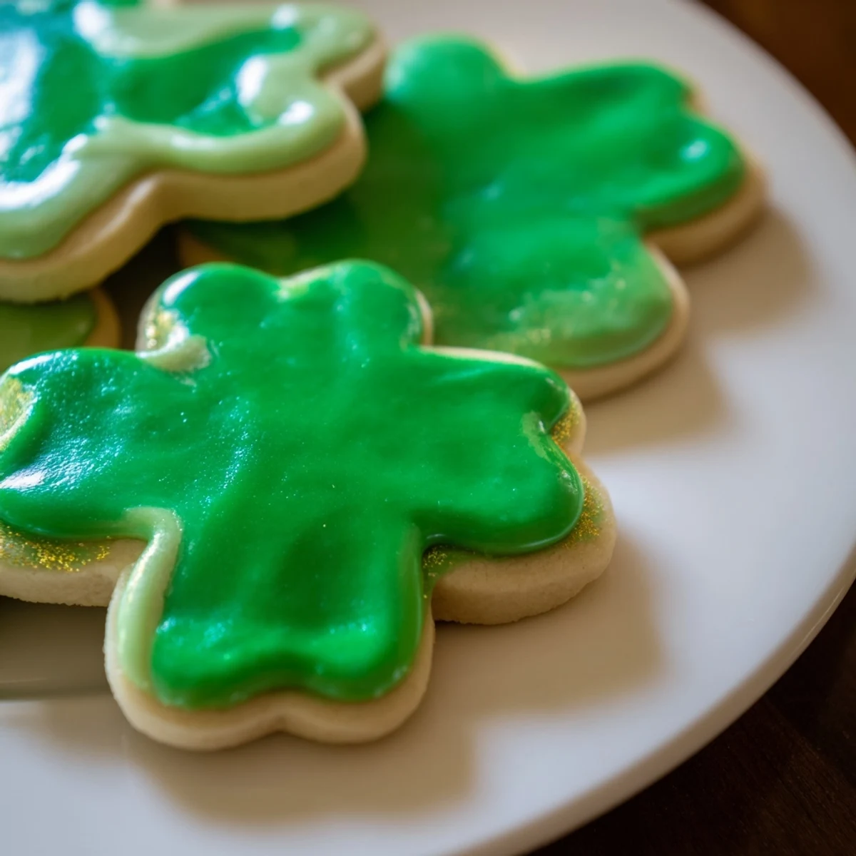 Bright green icing is drizzled over festive Shamrock Sugar Cookies, arranged on a white plate for a cheerful St. Patrick's Day treat.