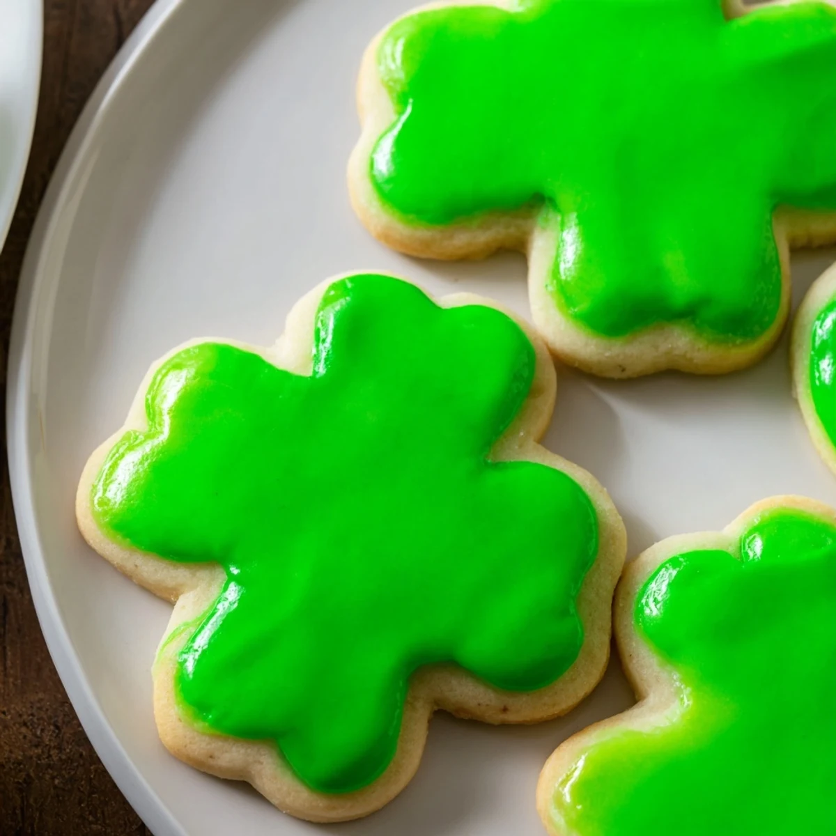 A close-up of Shamrock Sugar Cookies shows a stack with vibrant green icing and a glass of milk, ideal for a sweet snack.
