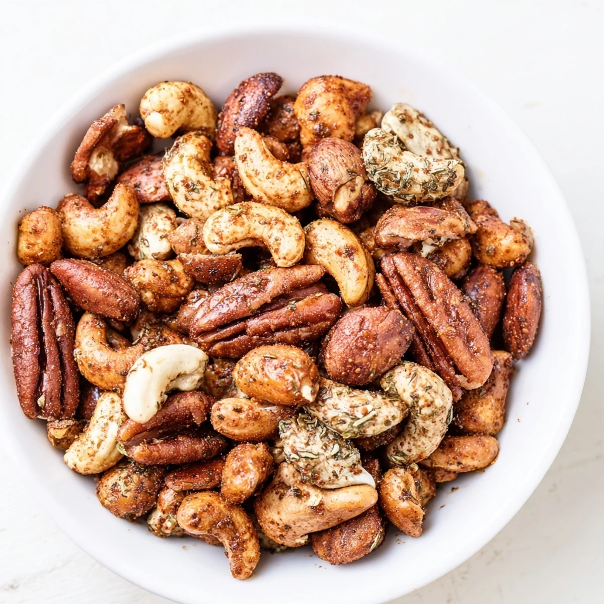 Freshly roasted Creole Spiced Nuts Mix piled high on a tray, ready for a party appetizer platter.