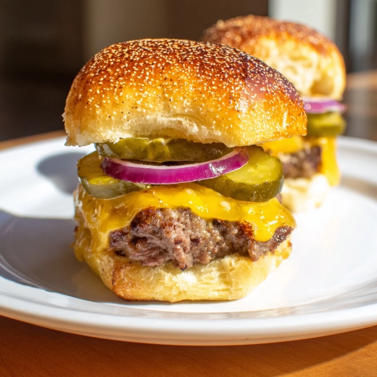 Freshly toasted buns hold juicy beef patties topped with melted cheddar cheese.