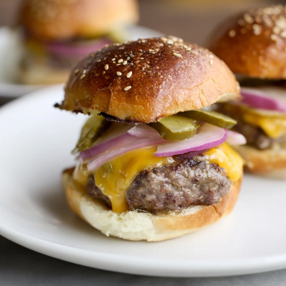 Crisp dill pickles and red onion slices add a tangy crunch to each slider.
