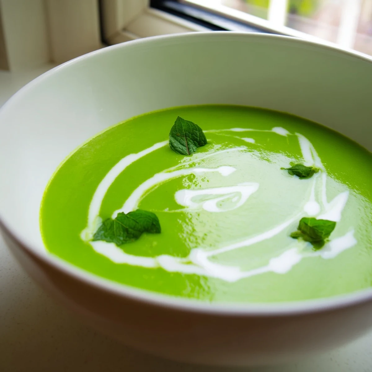 Creamy Green Pea and Mint Soup with a swirl of heavy cream in a white bowl.