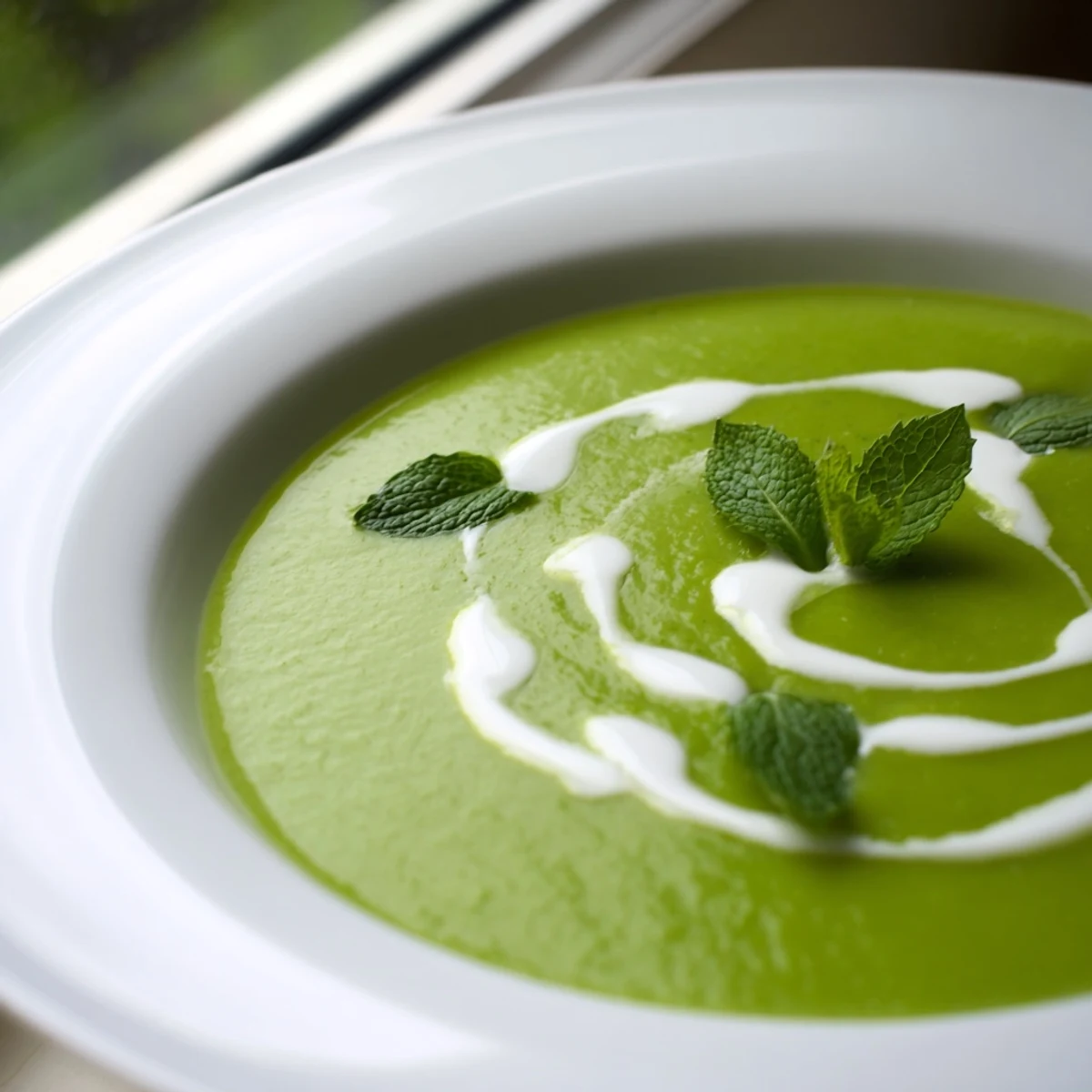 A bowl of Green Pea and Mint Soup topped with fresh mint garnish.