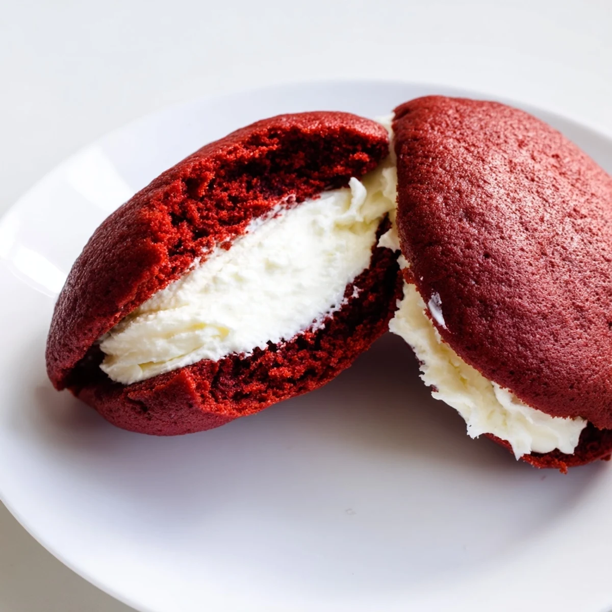 Frosted cream cheese filling peeks out between soft red velvet whoopie pies on a marble board.