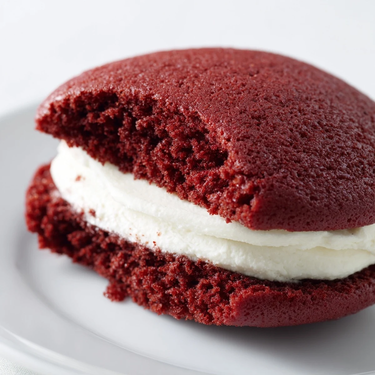 Two tender red velvet whoopie pies with cream cheese filling stacked on a white plate.