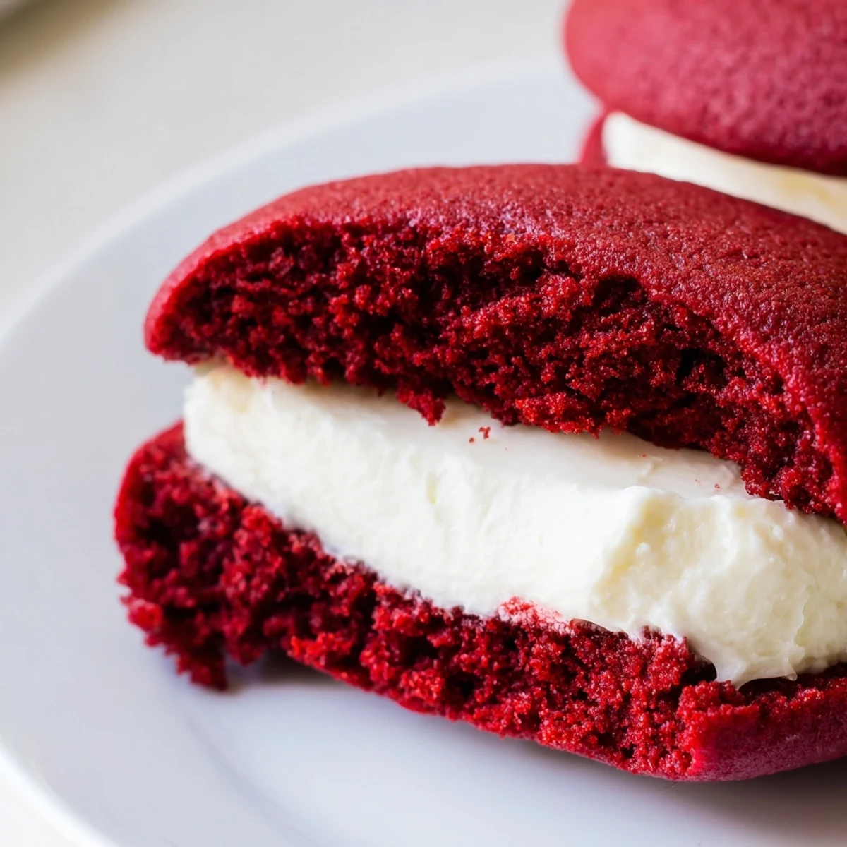 Festive red velvet whoopie pies with cream cheese filling arranged on a rustic wooden platter.