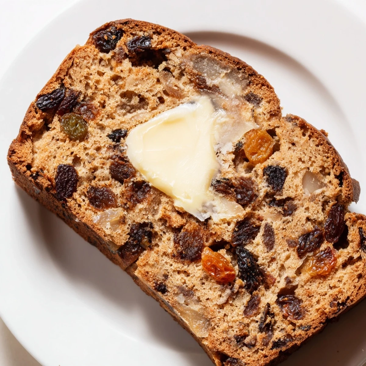 Close-up view of sliced Irish Barmbrack fruit bread, revealing the moist, dense crumb speckled with mixed peel and rich dried fruits.