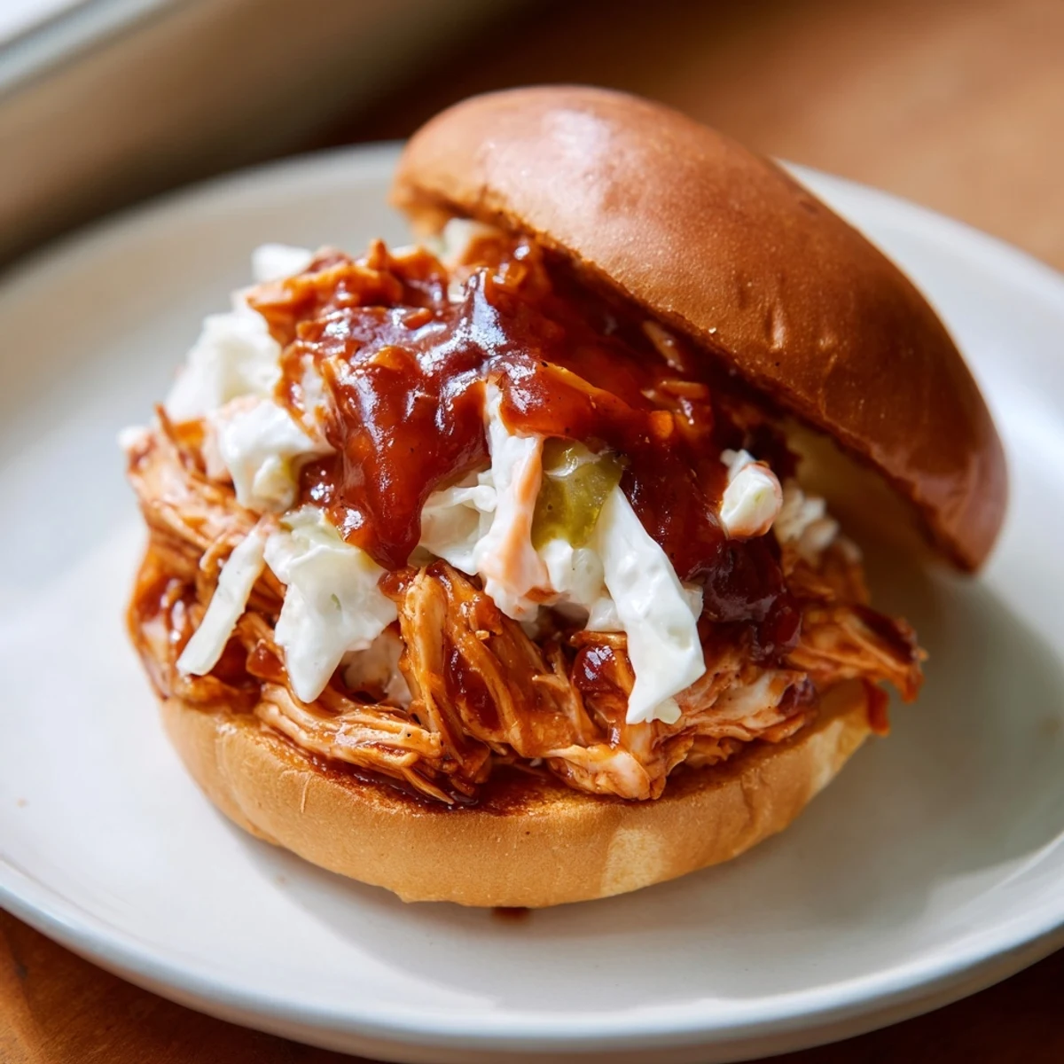 Golden-brown toasted brioche buns stuffed with saucy Tailgate Pulled Chicken Sandwiches and creamy slaw.