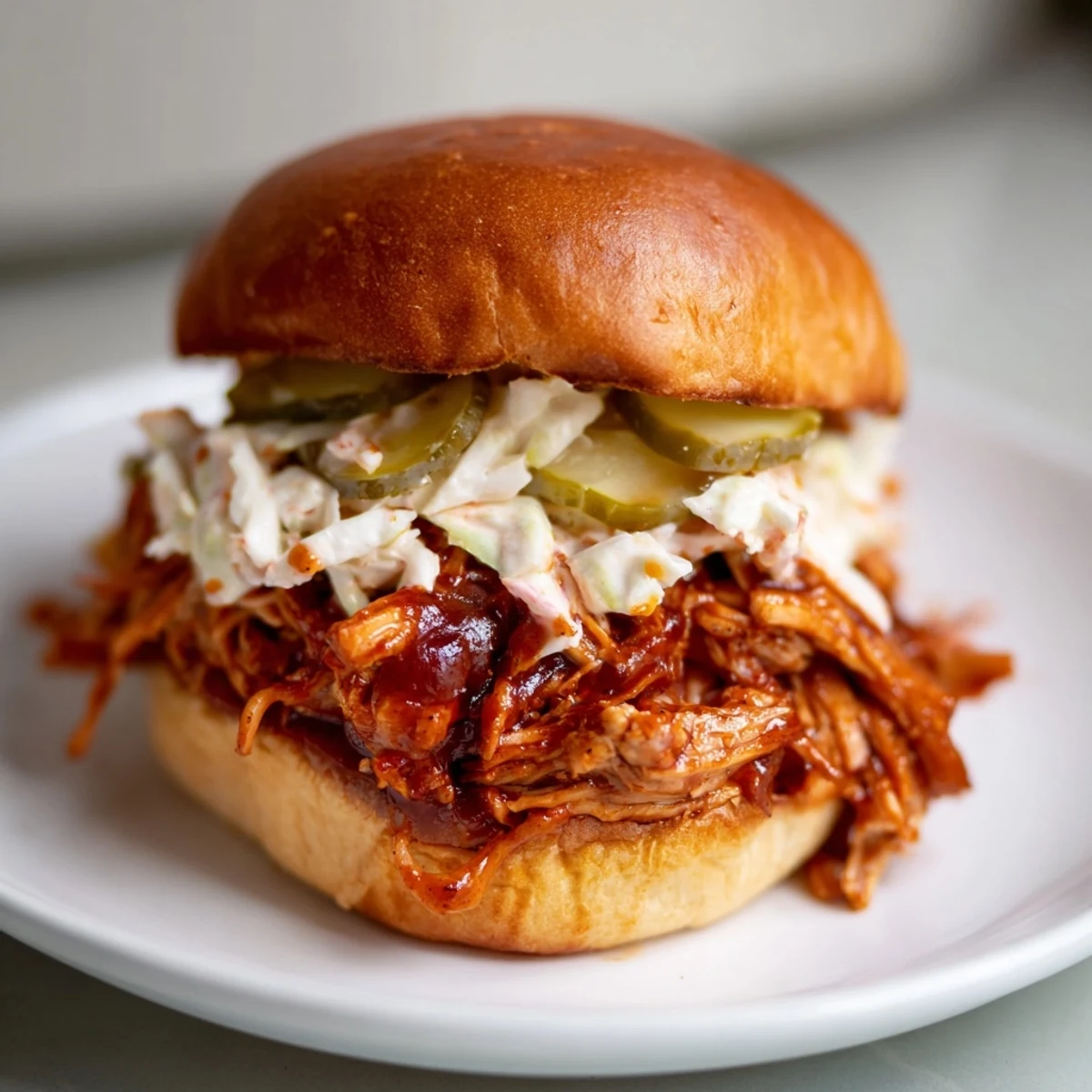 Game day Tailgate Pulled Chicken Sandwiches served warm with crisp coleslaw and tangy pickles.