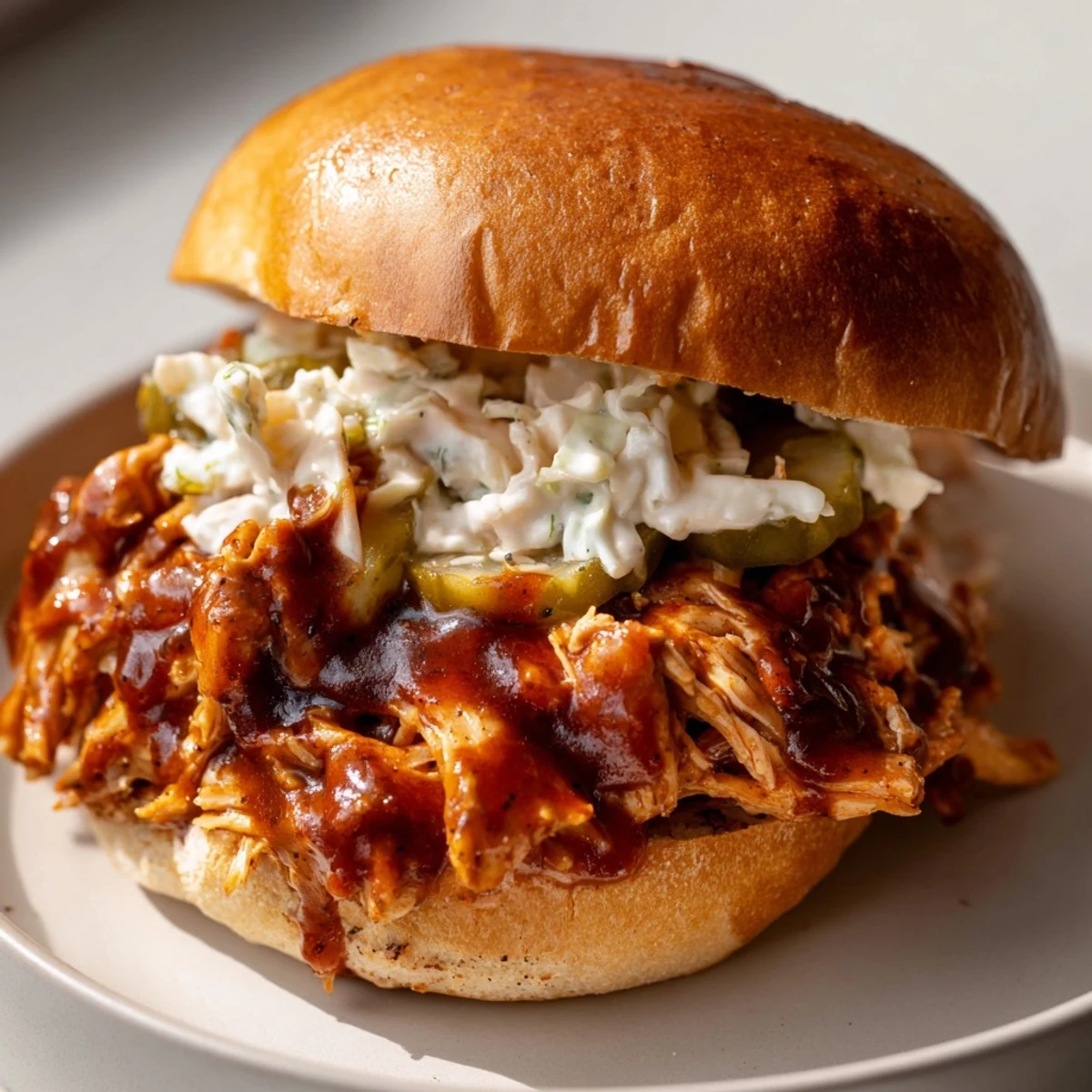 Savory Tailgate Pulled Chicken Sandwiches piled high with smoky barbecue sauce on soft buns.