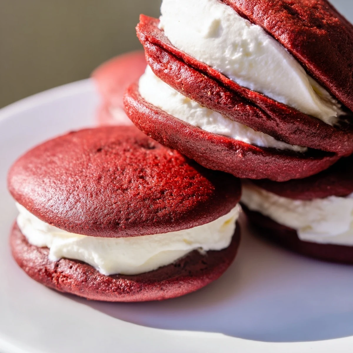 Two Red Velvet Whoopie Pies with marshmallow filling are sandwiched together on a white plate.
