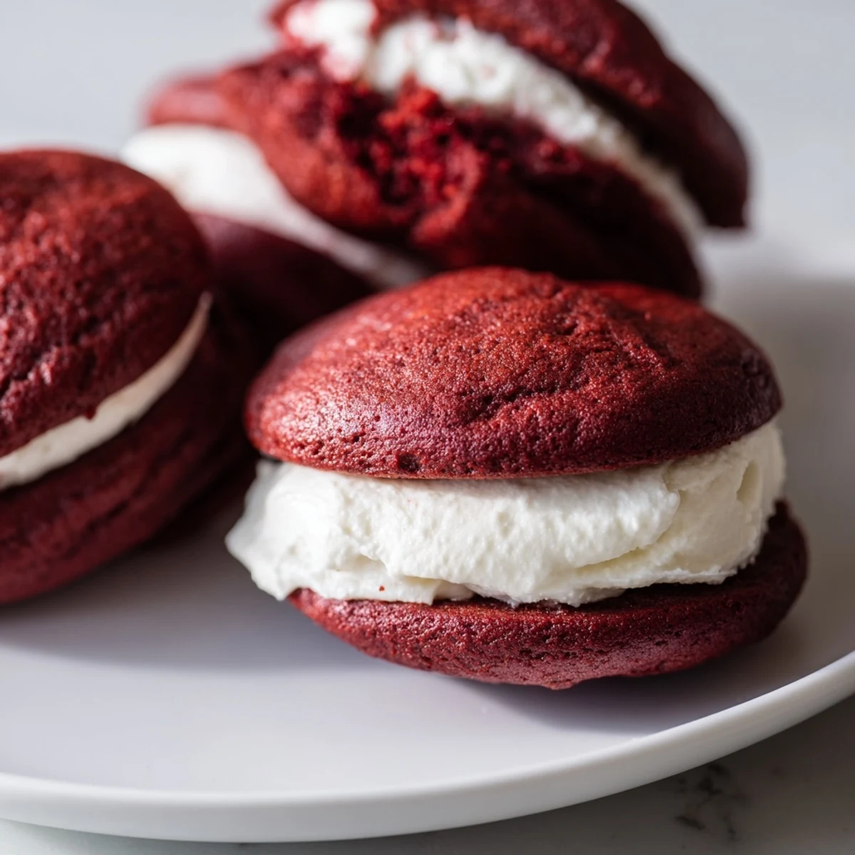 A close-up view shows the soft cake-like texture of a Red Velvet Whoopie Pie.