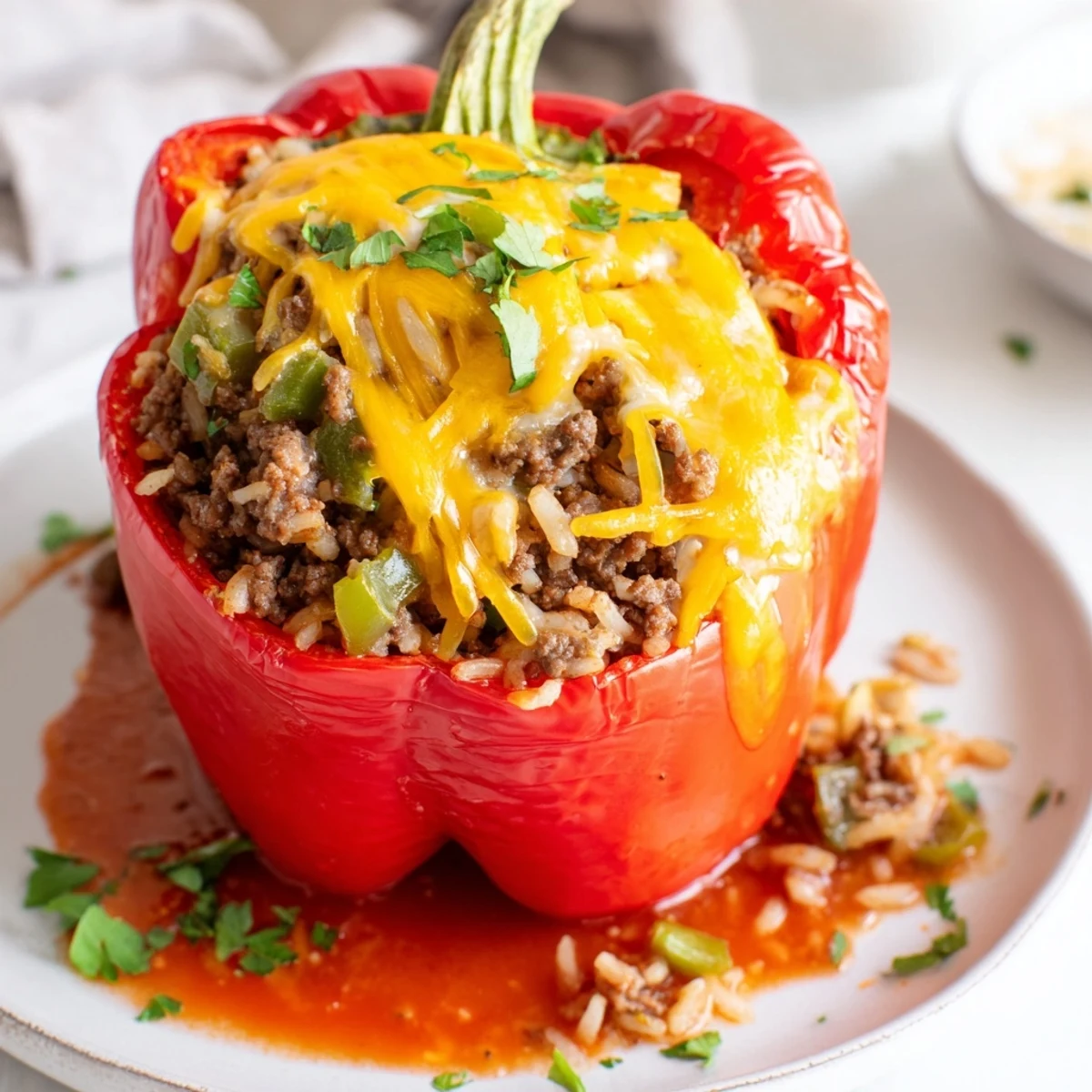 Savory Creole Stuffed Peppers with Rice and Beef are served bubbly, garnished with parsley and ready to enjoy.