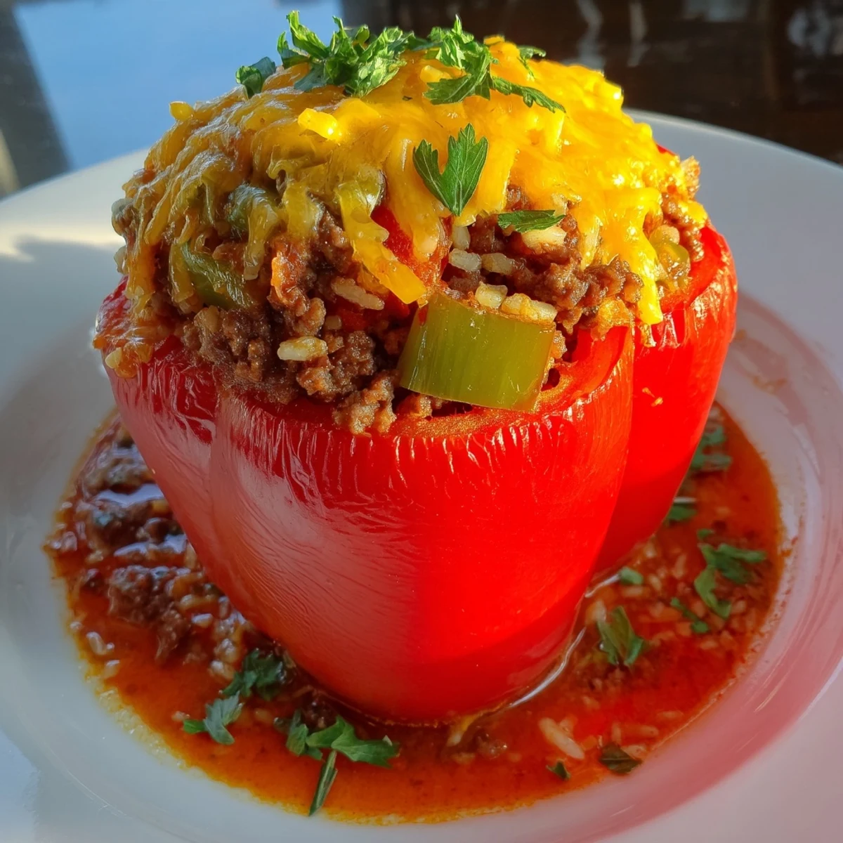 Four roasted bell peppers stuffed with Creole-spiced beef and rice, topped with melted cheddar and rich tomato sauce.