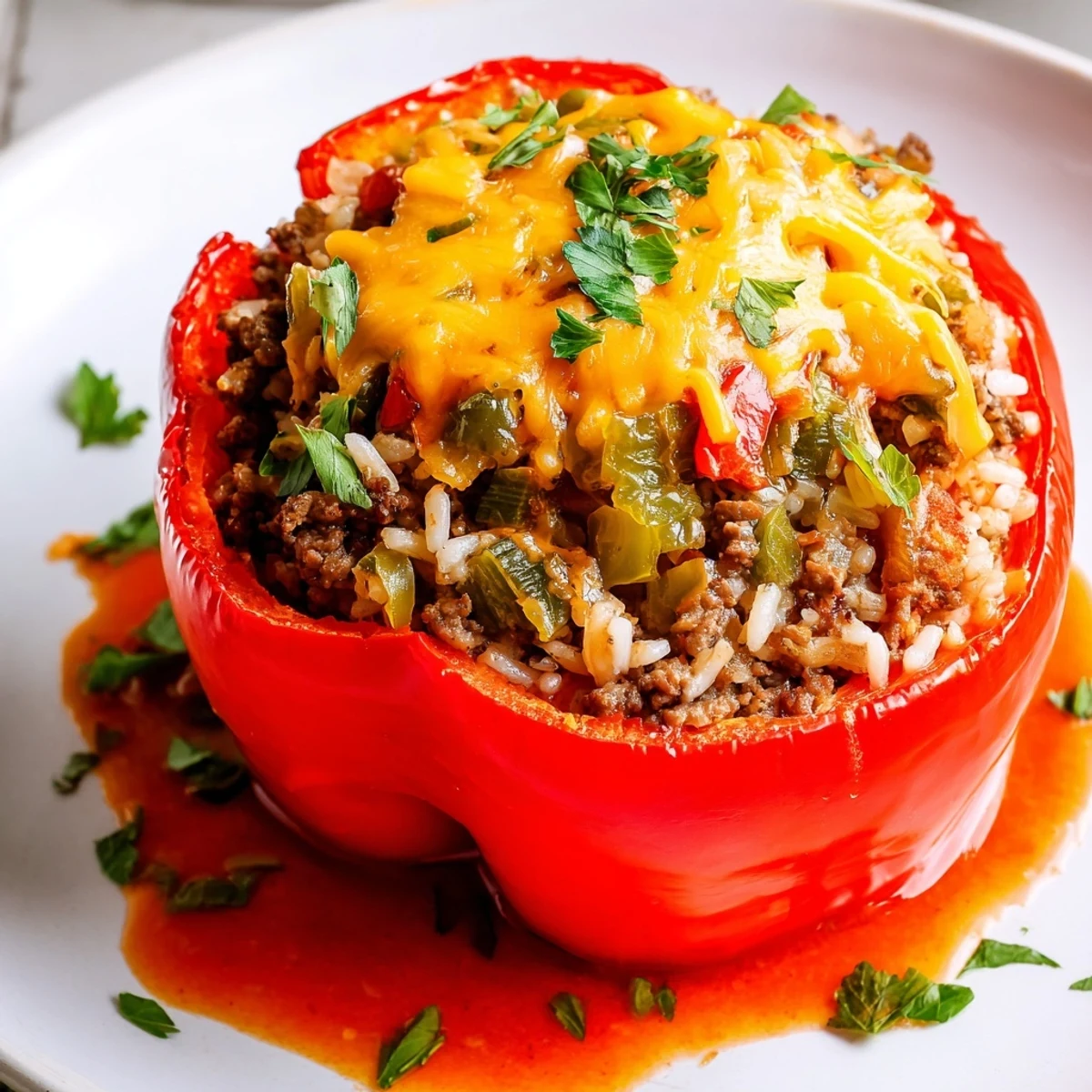 Tender bell peppers cradling beef, rice, and Creole spices, finished with a ladle of warm tomato sauce.