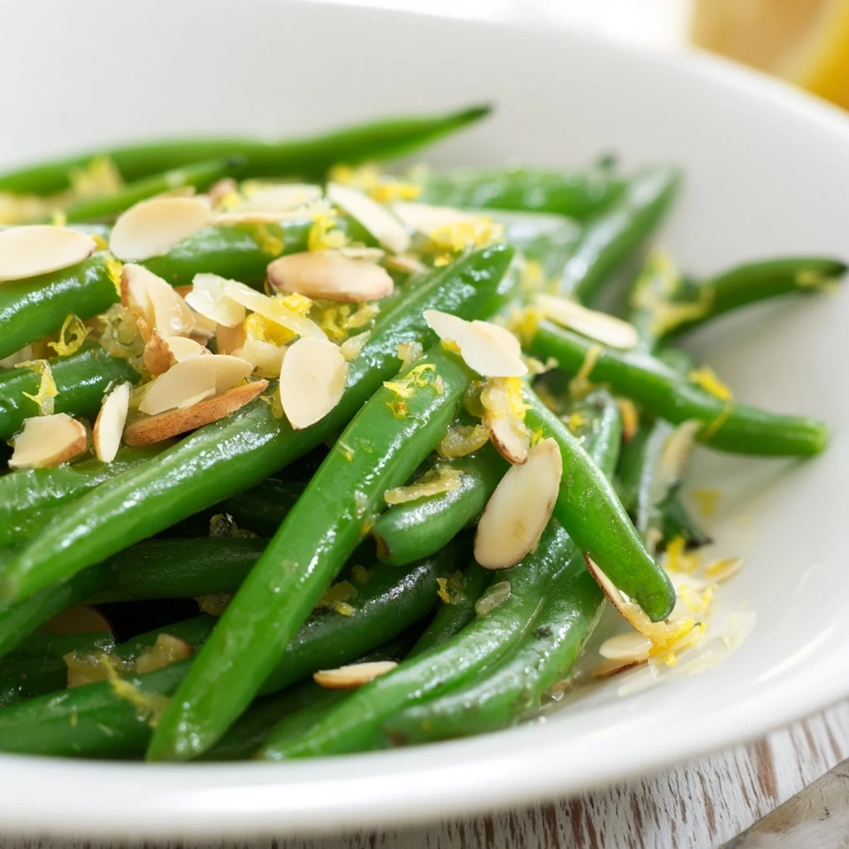 Sizzling green beans with lemon and almonds tossed with toasted nuts, ready to serve.