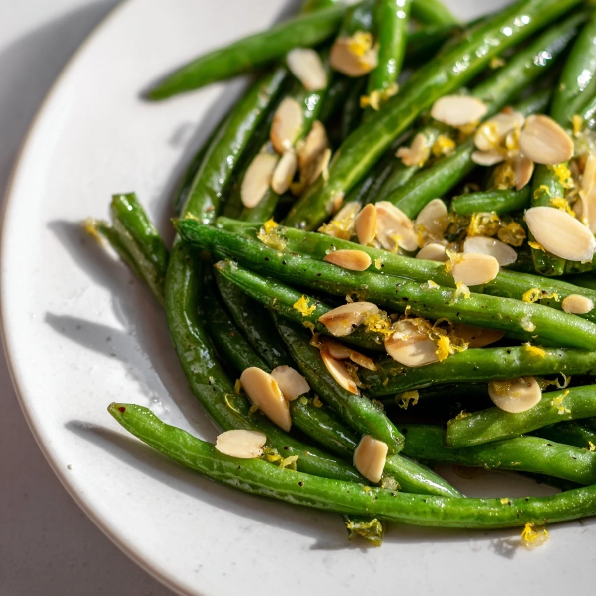 Vibrant green beans with lemon and almonds garnished with fresh zest beside roasted chicken.