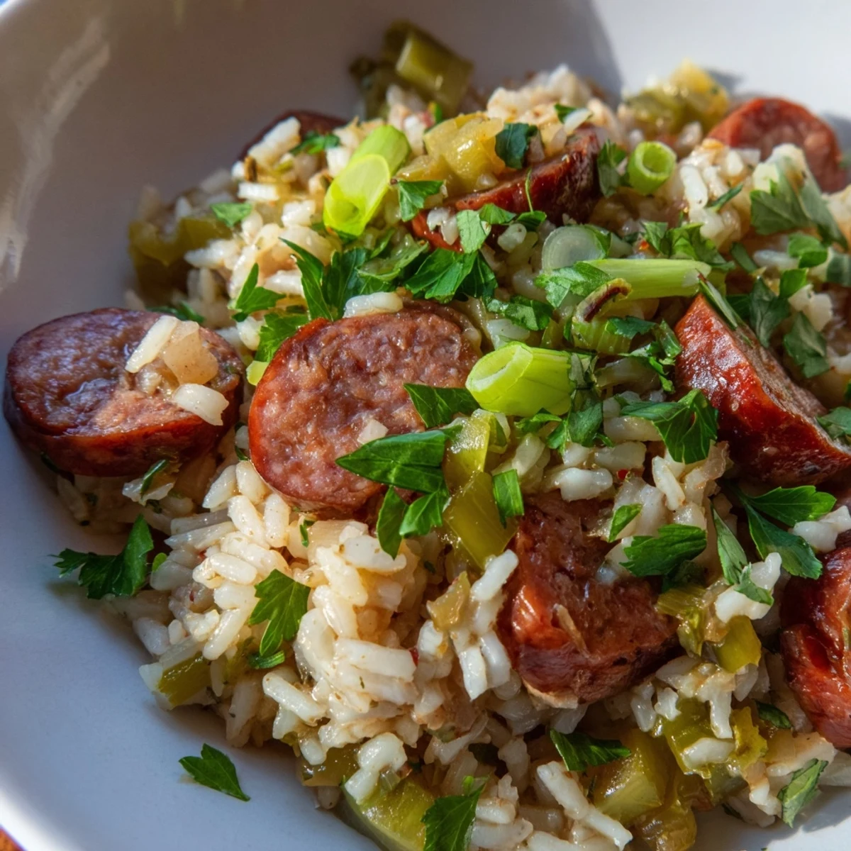 Overhead view of Mardi Gras Rice and Beans with Beef Sausage, showcasing fluffy rice and tender beans.
