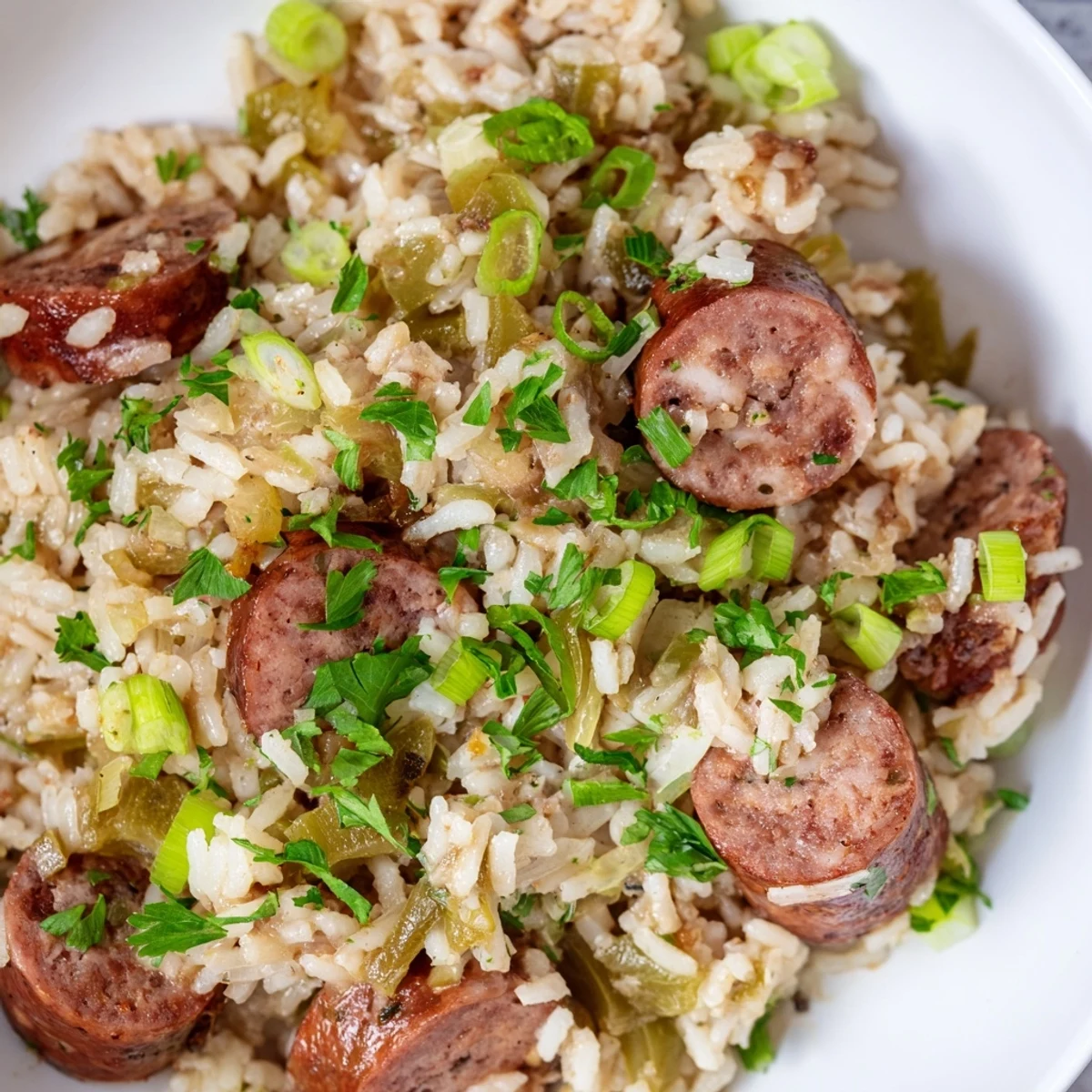 A hearty serving of Mardi Gras Rice and Beans with Beef Sausage, garnished with fresh green onions.