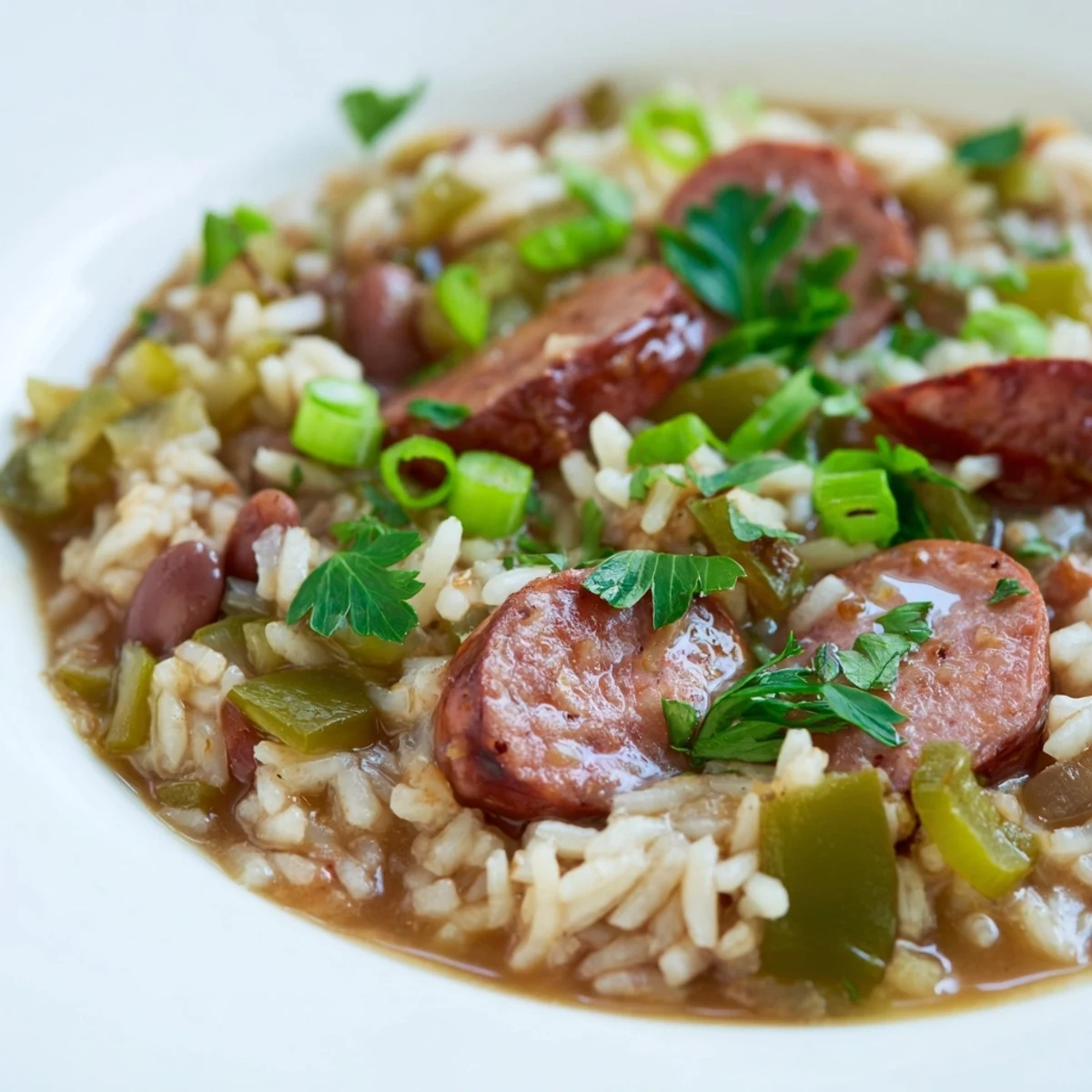 A close-up of Mardi Gras Rice and Beans with Beef Sausage, featuring smoky slices of sausage.