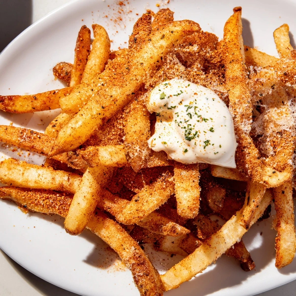 Golden-brown Cajun Spiced Fries topped with fresh parsley, accompanied by a small ramekin of creamy remoulade sauce for dipping.