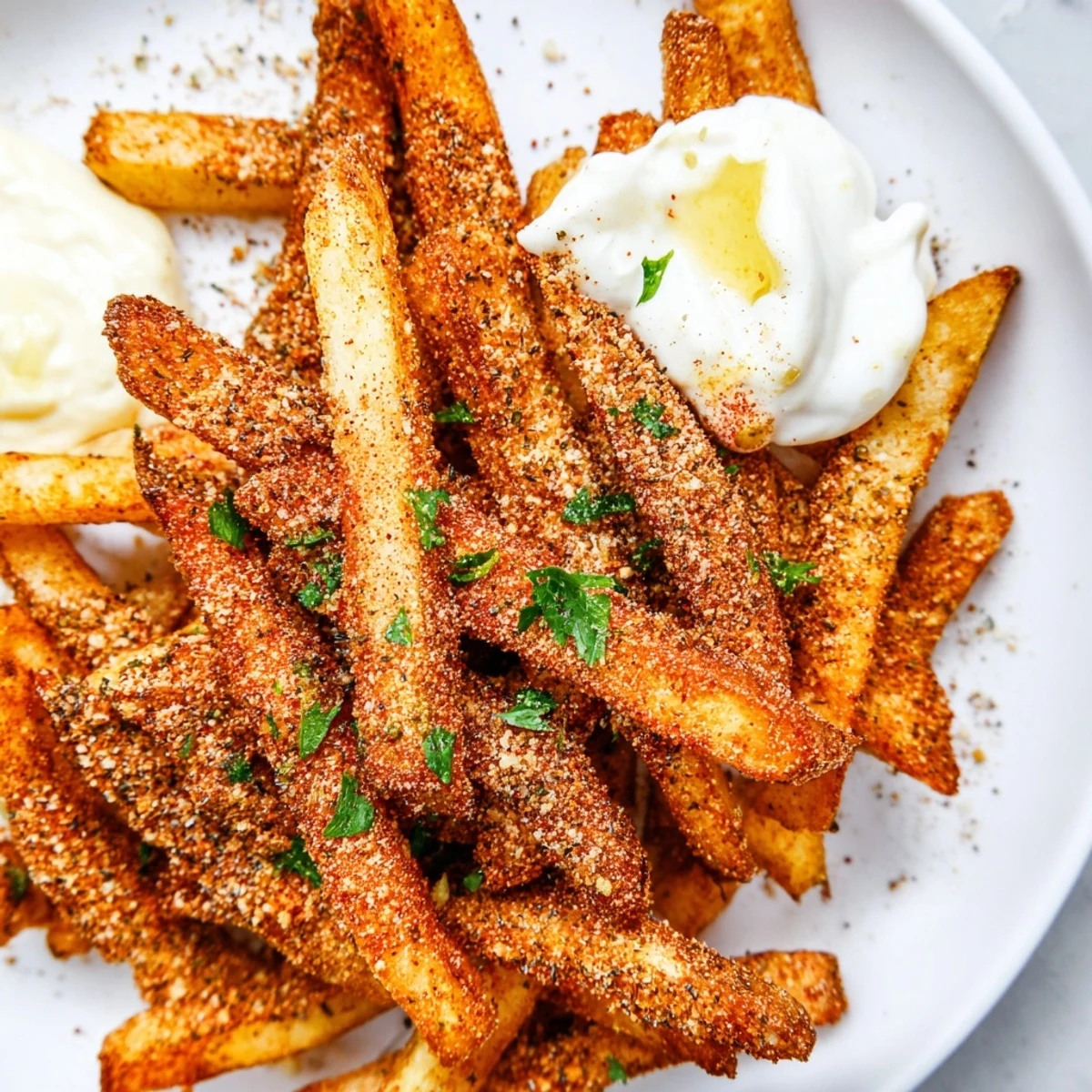 Freshly baked Cajun Spiced Fries served hot on a platter, ready to be dipped into a zesty remoulade sauce.