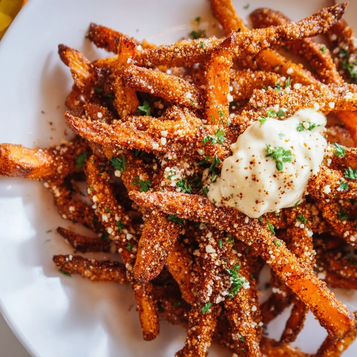 A close-up view of crispy Cajun Spiced Fries seasoned with paprika, sitting next to a bowl of chunky remoulade.