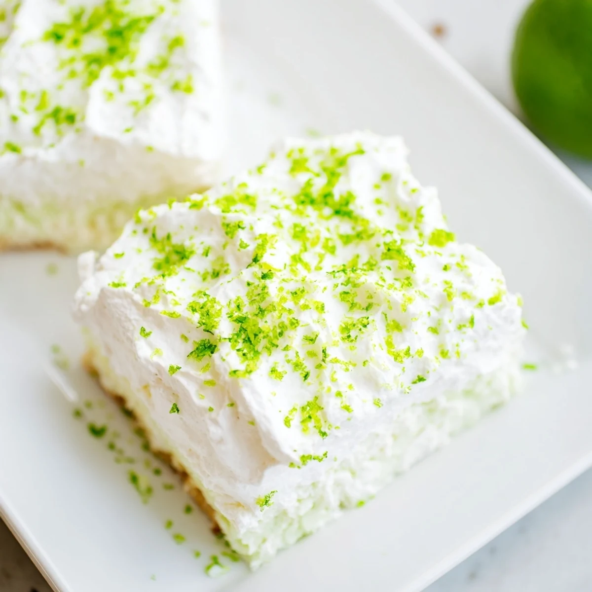 Chilled St. Patricks Day Lime Poke Cake in a serving dish, bright lime tones and soft whipped topping ready for celebrations.