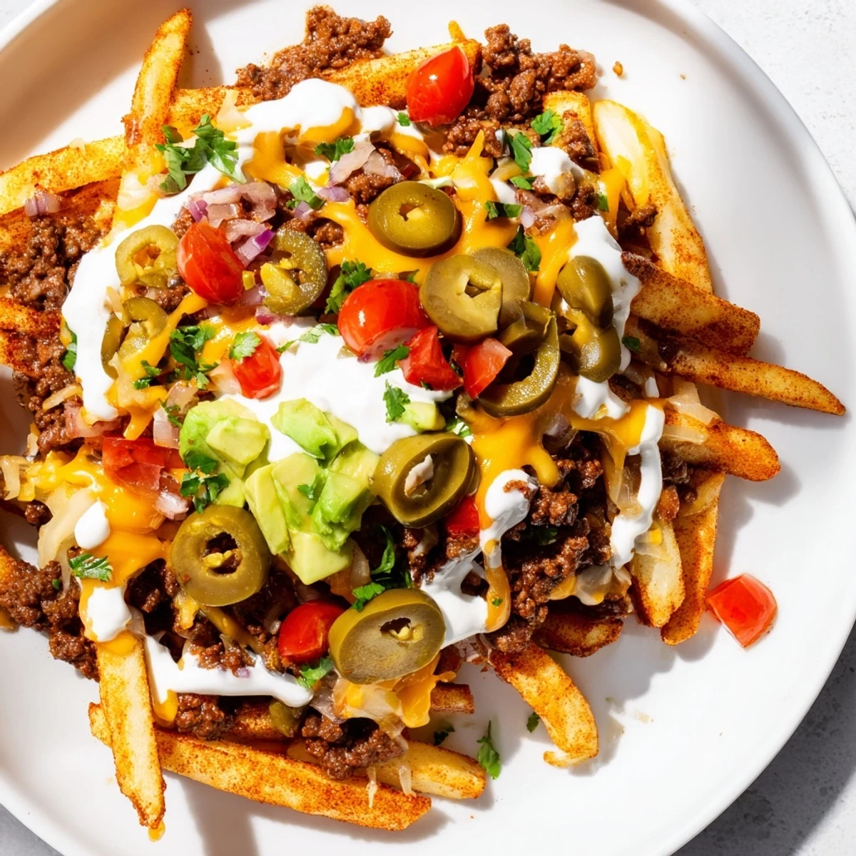 A close-up of cheesy Super Bowl Loaded Nacho Fries drizzled with sour cream and garnished with vibrant tomatoes and cilantro.