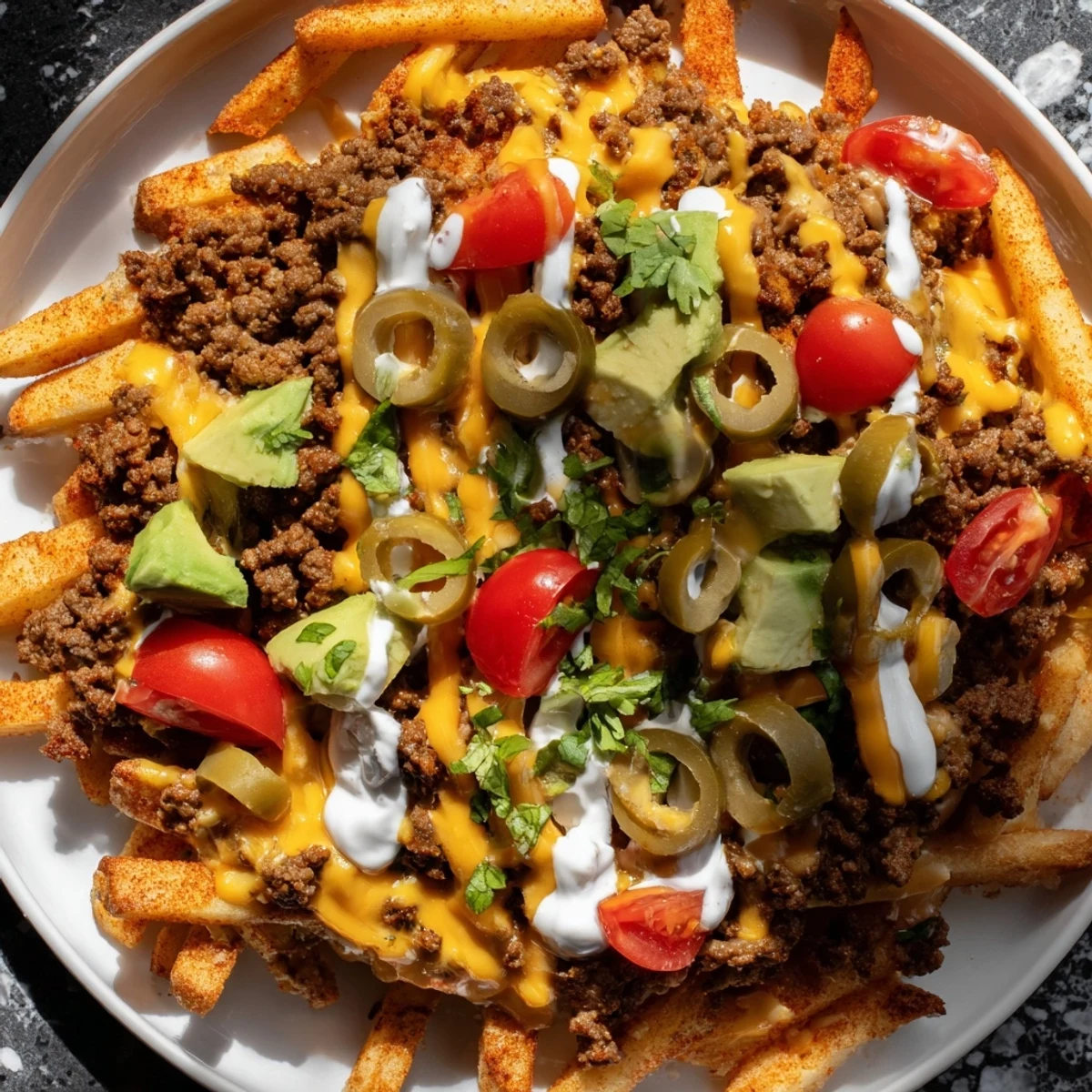 Golden, crispy Super Bowl Loaded Nacho Fries topped with seasoned ground beef, melty cheddar, and fresh jalapeños.