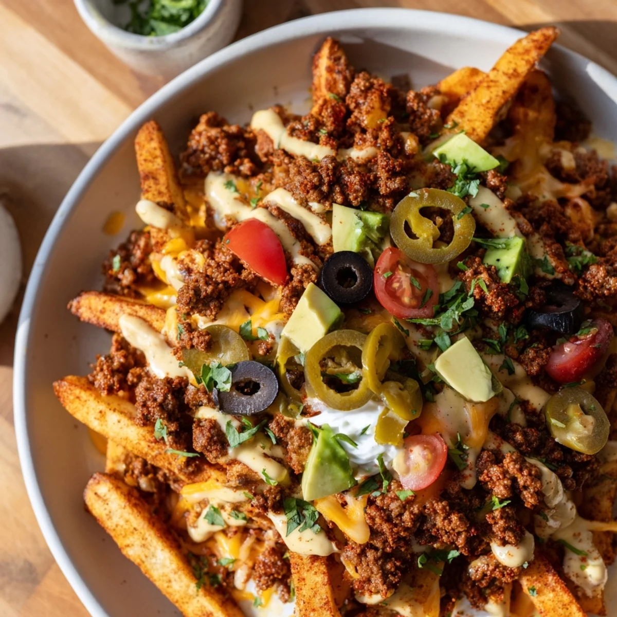 Game day platter of hot Super Bowl Loaded Nacho Fries loaded with beef, olives, and avocado, ready to share.