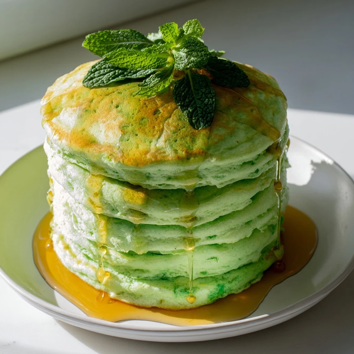 Freshly cooked Shamrock Green Pancakes with syrup, stacked high for a festive St. Patrick's Day breakfast.