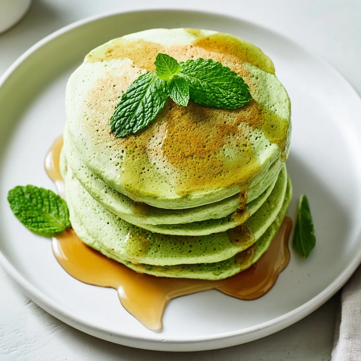 Fluffy Shamrock Green Pancakes topped with sweet syrup and fresh mint, served warm on a plate.