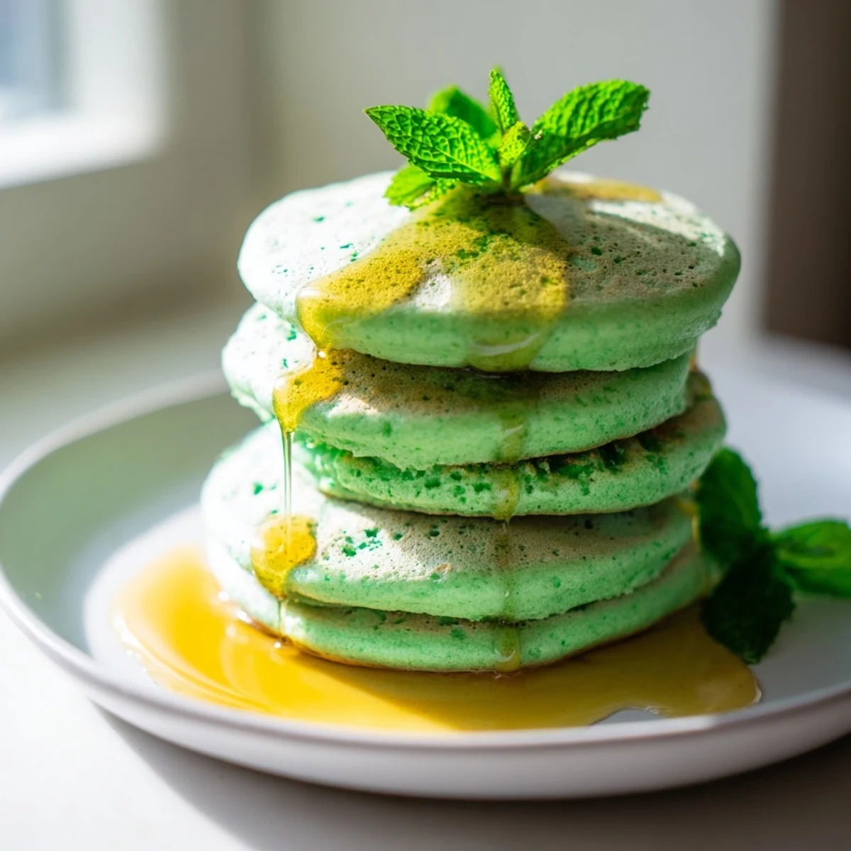 Golden-edged Shamrock Green Pancakes drizzled with maple syrup, perfect for a festive morning meal.