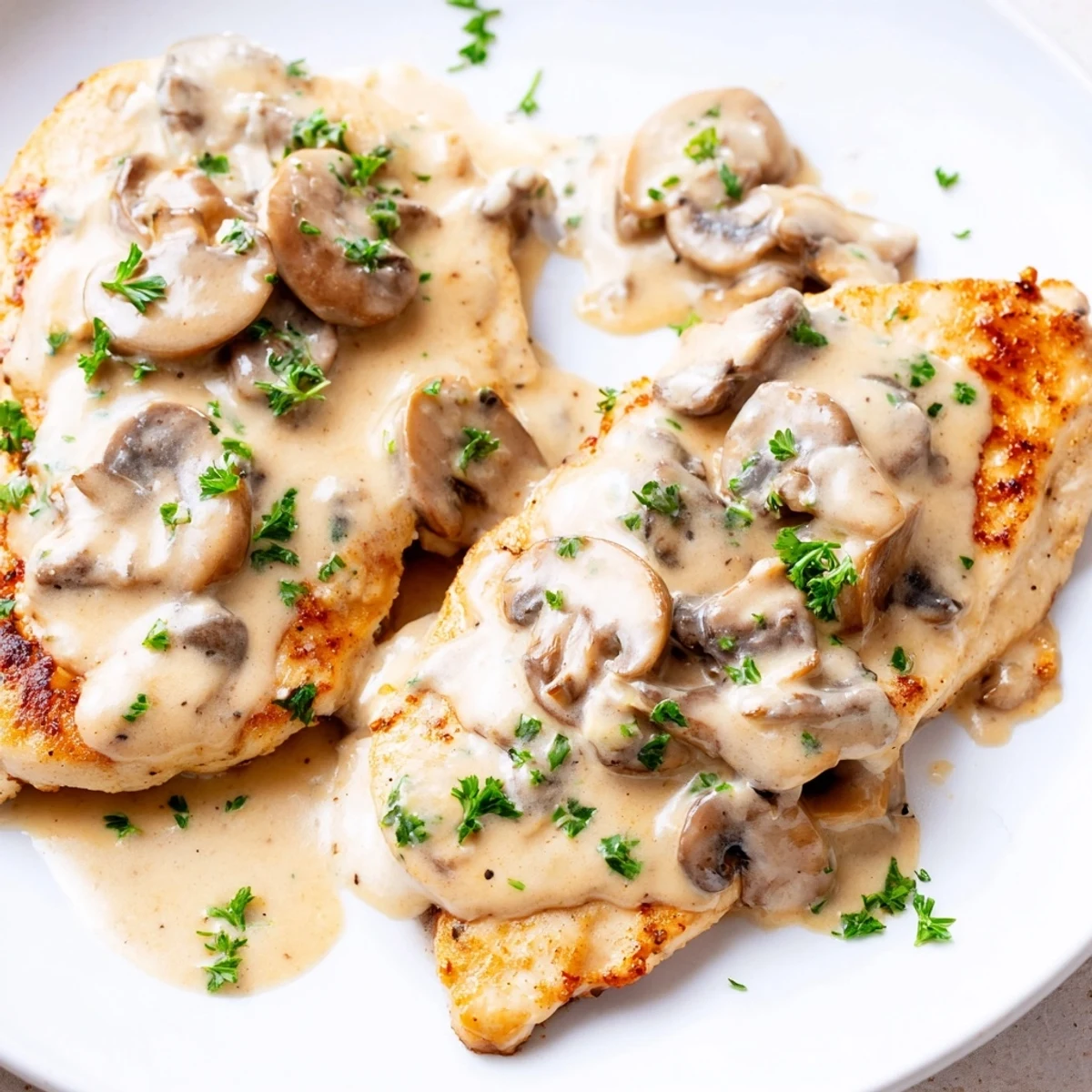 Golden-brown Date Night Chicken Marsala with tender chicken cutlets and cremini mushrooms in a creamy, glossy sauce, garnished with fresh parsley and served over mashed potatoes for two.