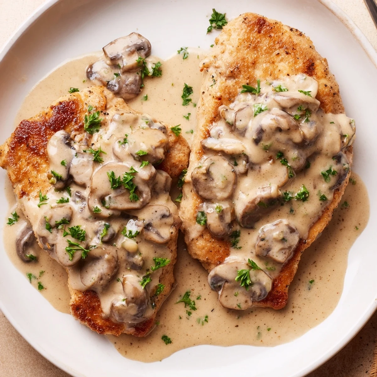 Plate of Date Night Chicken Marsala featuring pan-seared chicken smothered in a rich mushroom and balsamic cream sauce, paired with crusty bread to soak up every savory bite.