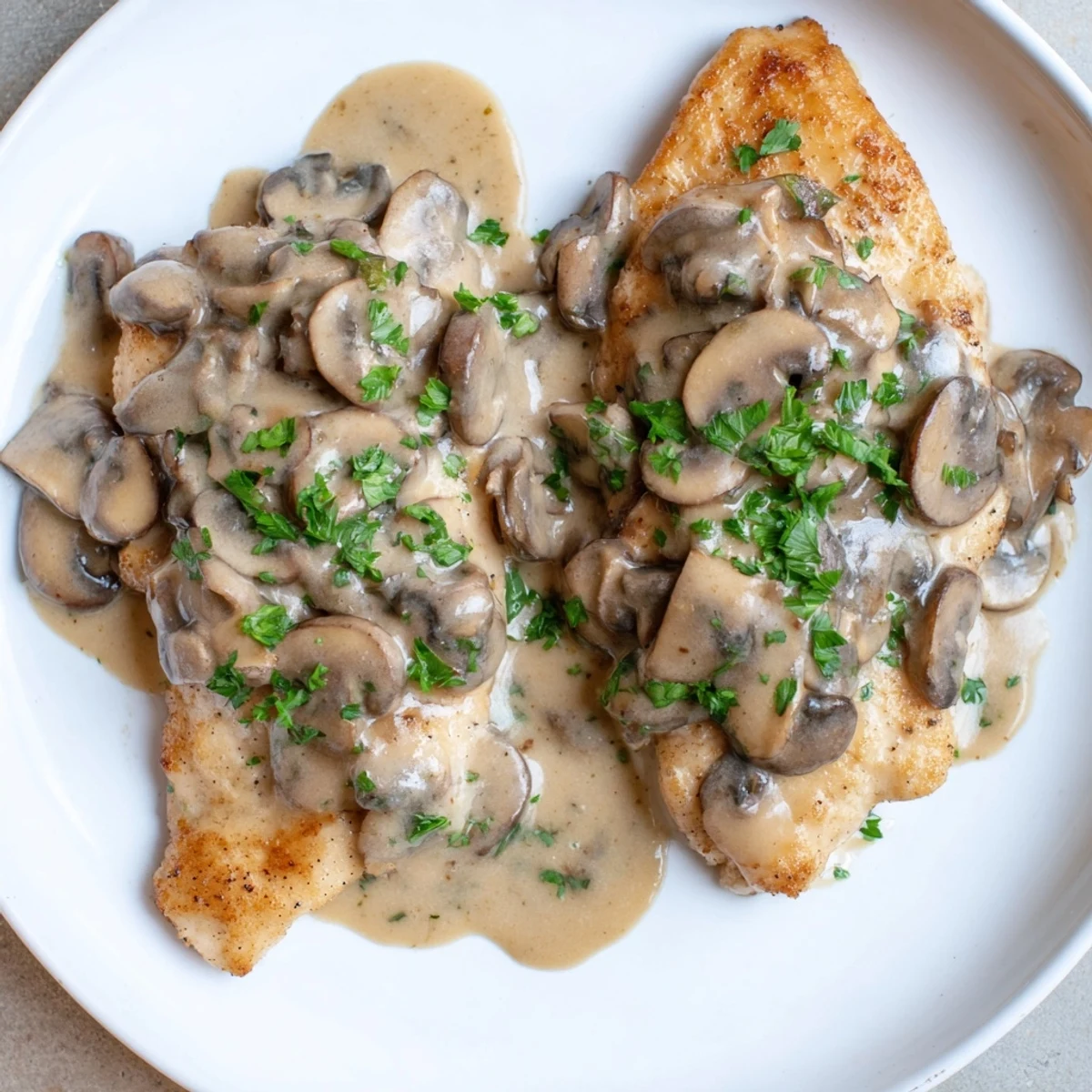 Date Night Chicken Marsala plated with herb-flecked chicken cutlets in a velvety mushroom sauce, elegantly presented for a romantic Italian-American dinner at home.