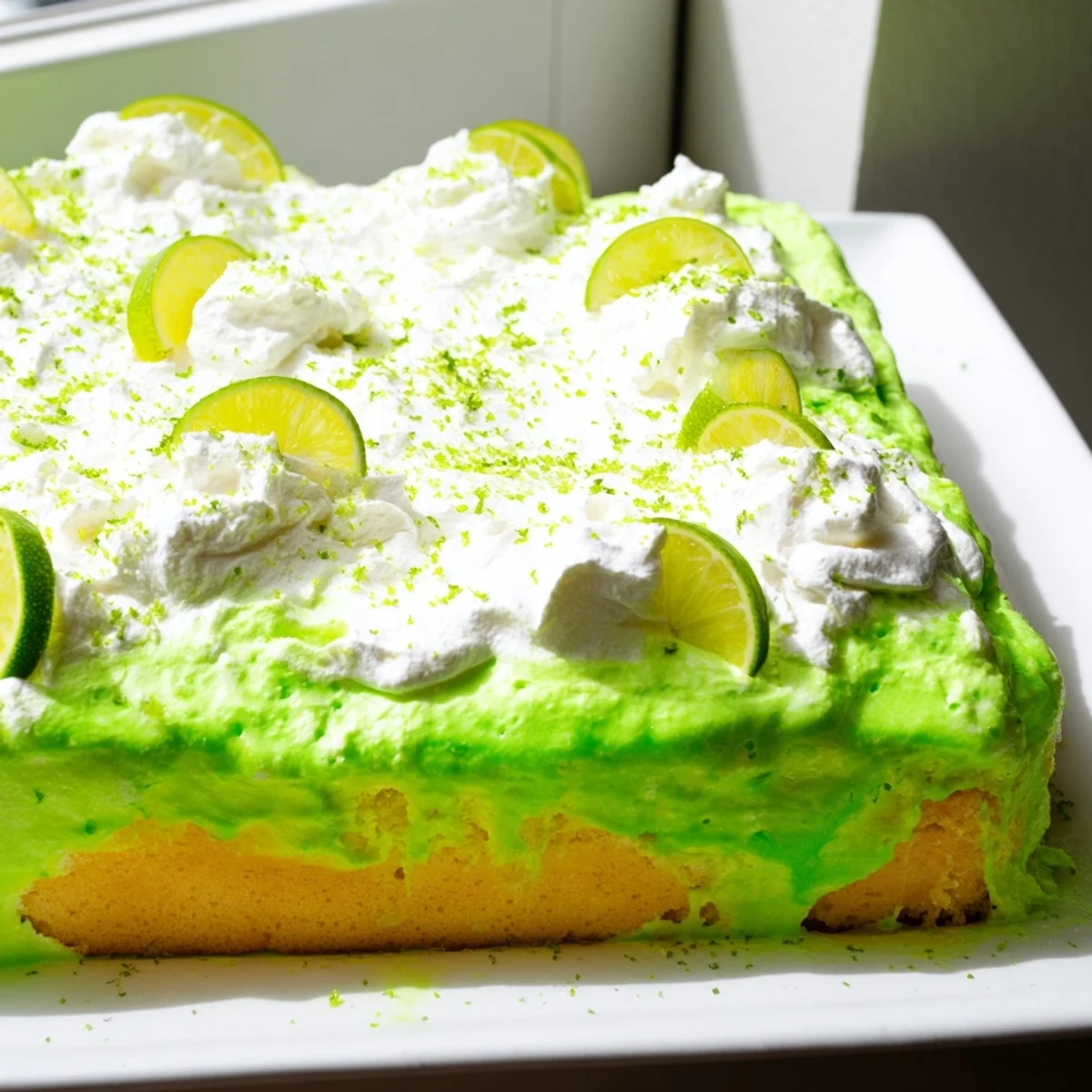 A vibrant lime poke cake with a fluffy whipped topping, ready to serve at a summer gathering.