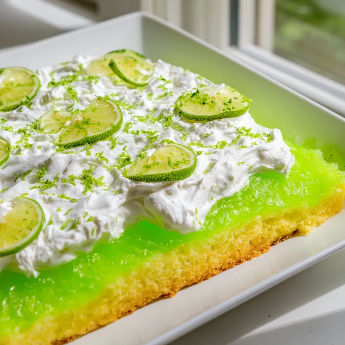 A fluffy lime poke cake with whipped cream topping and lime zest, served chilled on a dessert plate.