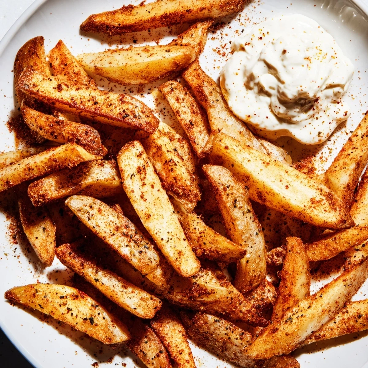 Golden, crispy Cajun Spiced Fries with Remoulade Dip served on a rustic plate.  